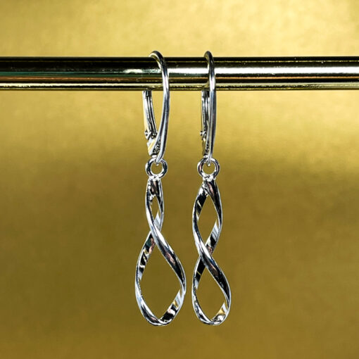 Silver Spiral Lever Back Earrings on a Gold background hanging From a gold bar.